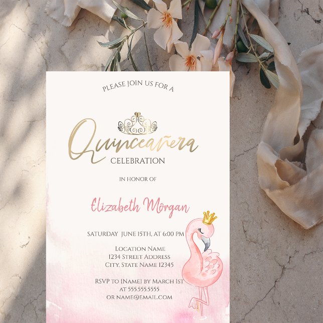 Convites Coroa de Ouro Pink Flamingos Quinceañera (Criador carregado)