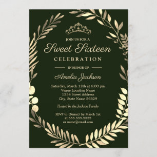 Convites Coroa de Ouro Verde Esmeralda Elegante Sweet Sixte