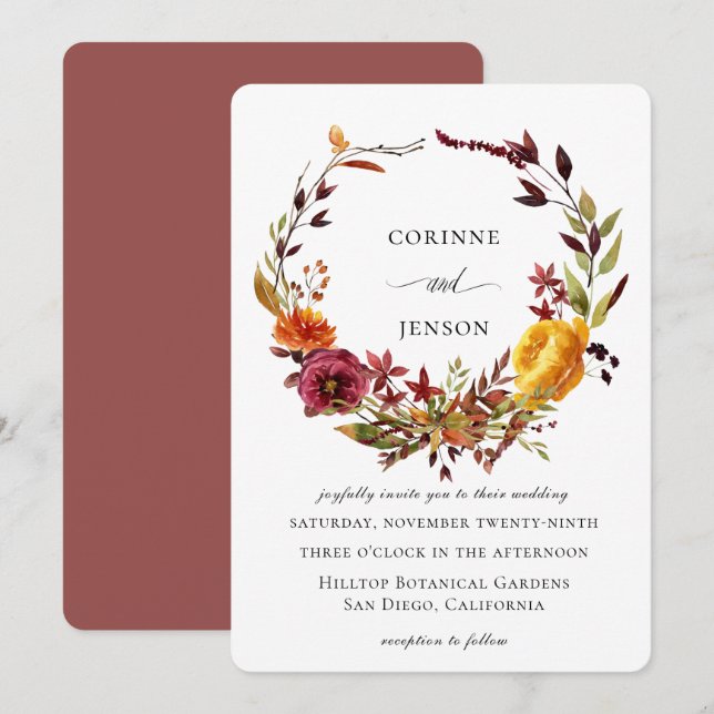 Convites Coroa de Outono com Aquarela Rústica para Casament (Frente/Verso)