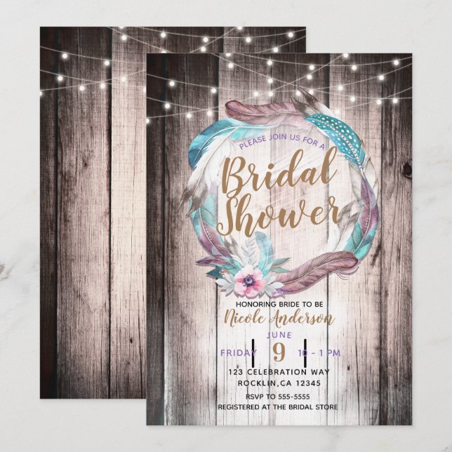 Convites Coroa de Penas Boho e Luzes de Natal para Chá de N (Frente/Verso)