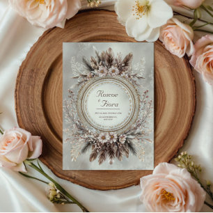 Convites Coroa de Penas Boho Rosa Floral Casamento