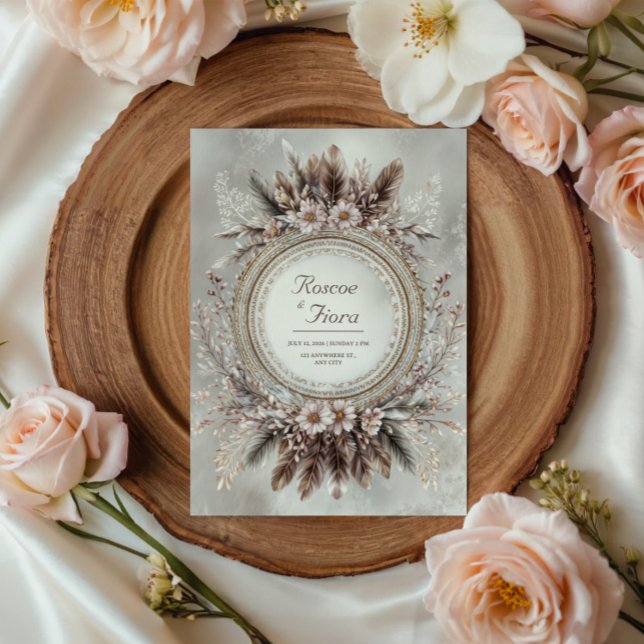 Convites Coroa de Penas Boho Rosa Floral Casamento (Criador carregado)