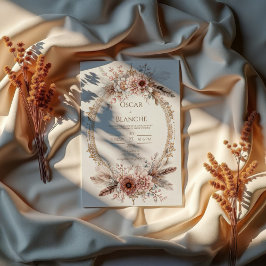 Convites Coroa de Penas Boho Rosa Floral Dourada Casamento