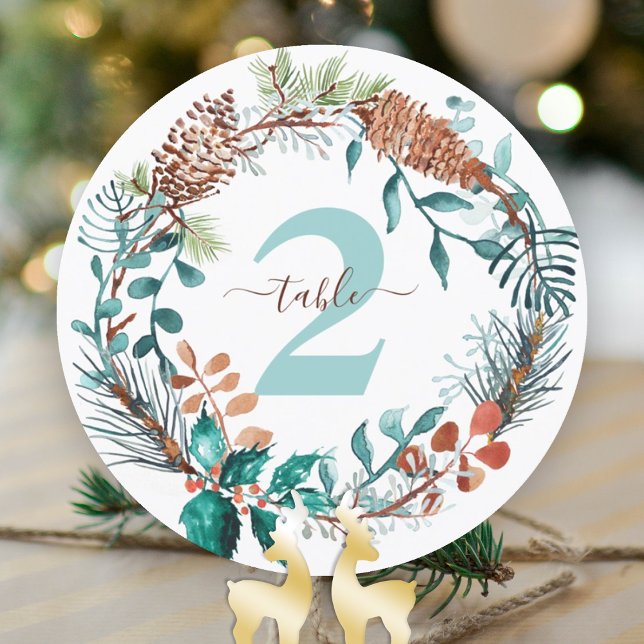 Convites Coroa de pinheiro de eucalipto verde Número da mes (winter wedding rustic pine needles eucalyptus table numbers table top sign pinecones green brown)