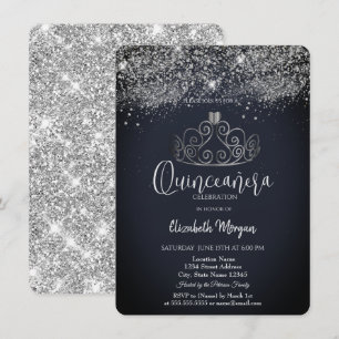 Convites Coroa de Prata Confetes Azul Escuro Quinceañera