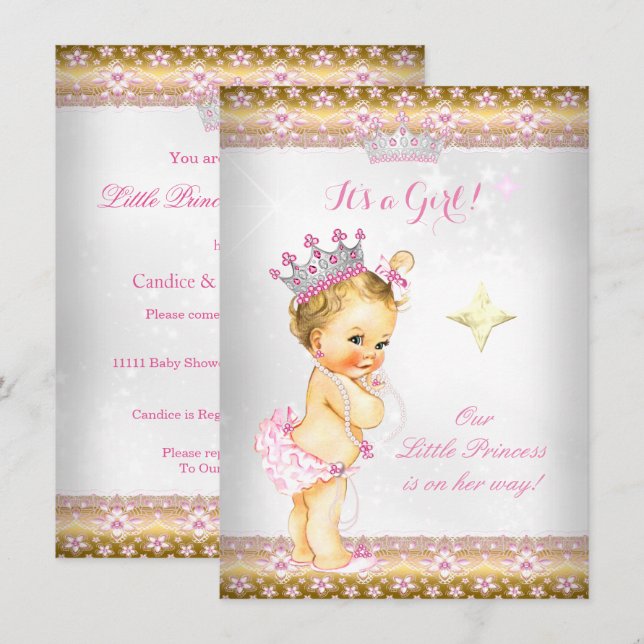 Convites Coroa de Princesa Baby Shower Rosa Branco Dourado  (Frente/Verso)