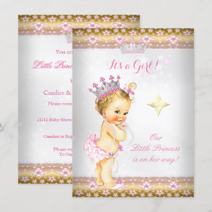 Convites Coroa de Princesa Baby Shower Rosa Branco Dourado