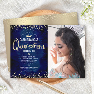 Convites Coroa de Princesa Brilho Azul Navy Dourado Quincea