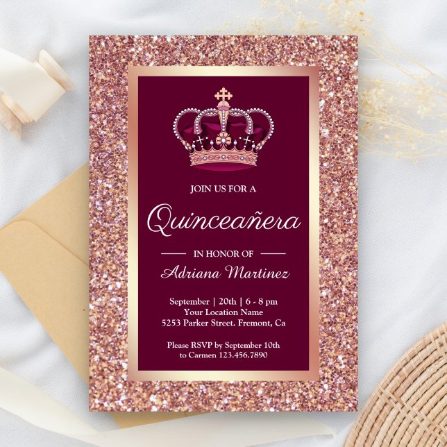 Convites Coroa de Princesa Brilho Dourado Rosa Quinceanera (Criador carregado)