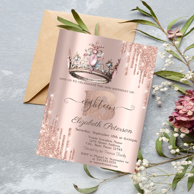 Convites Coroa de Princesa Brilho Gotas Dourado Rosa 18º  (Criador carregado)