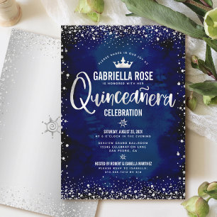 Convites Coroa de Princesa Brilho Prata Navy Quinceañera