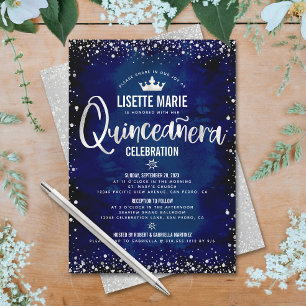 Convites Coroa de Princesa Brilho Prata Navy Quinceañera