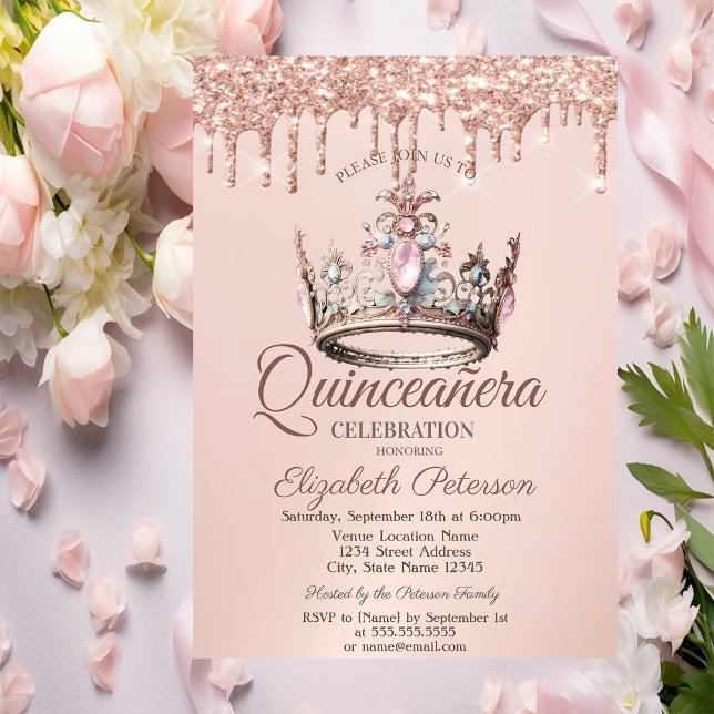 Convites Coroa de Princesa Castelo Rosa Dourado Gotas Quinc (Criador carregado)