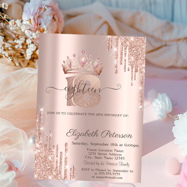 Convites Coroa de Princesa Chic Brilho Gotejante Dourado Ro (Criador carregado)