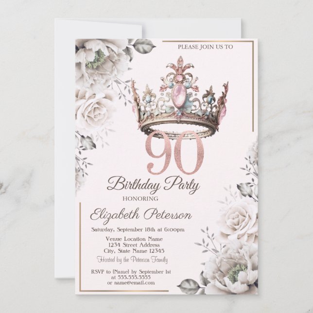 Convites Coroa de Princesa Chic Floral Aniversário de 90 an (Frente)
