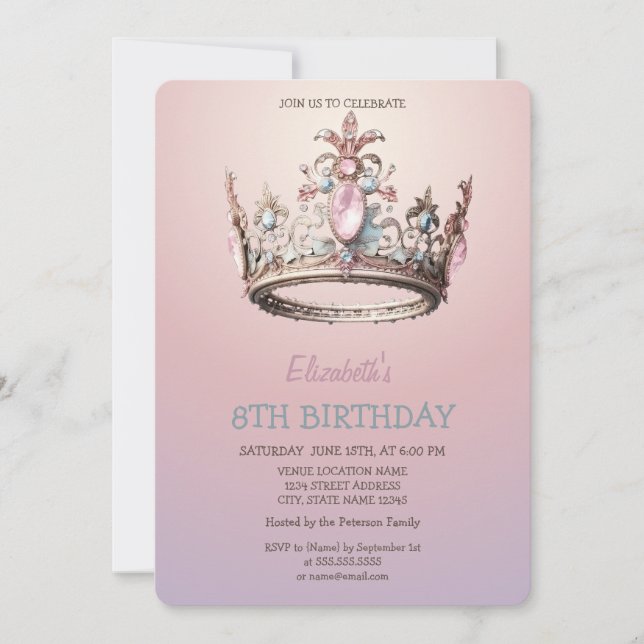 Convites Coroa de Princesa Chic Glitter Aniversário  (Frente)