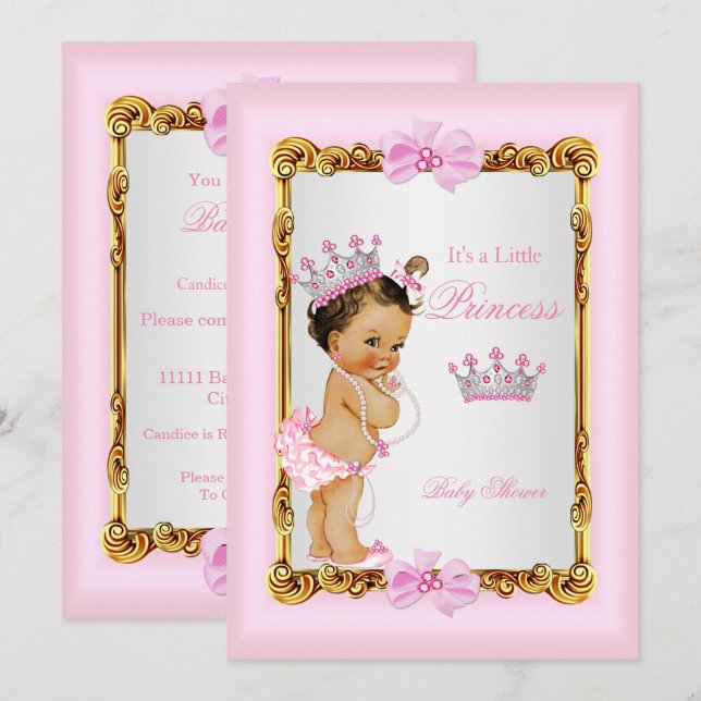 Convites Coroa de Princesa Chuveiro de Bebê Dourada Pérolas (Frente/Verso)