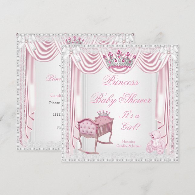 Convites Coroa de Princesa Chuveiro de Bebê Rosa Berço Ceti (Frente/Verso)