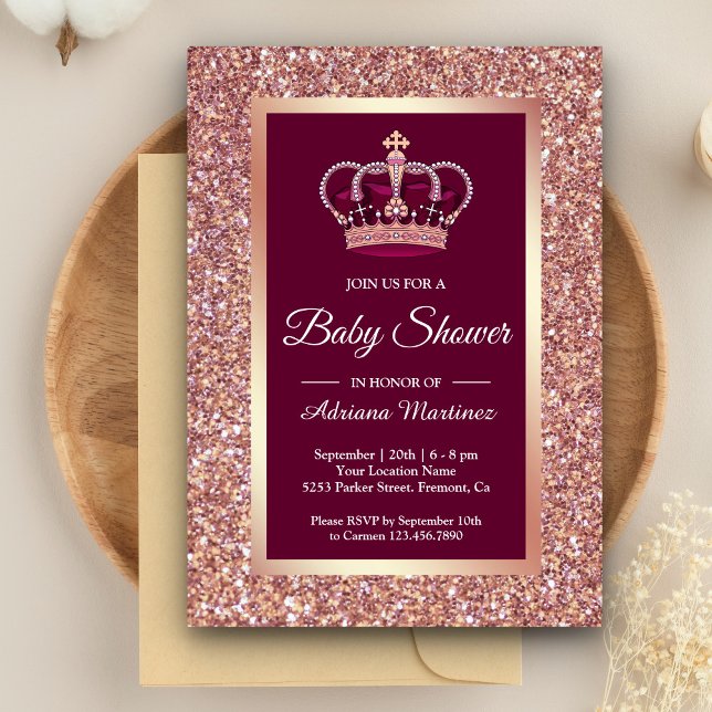 Convites Coroa de Princesa com Brilho em Dourado Rosa para  (Criador carregado)