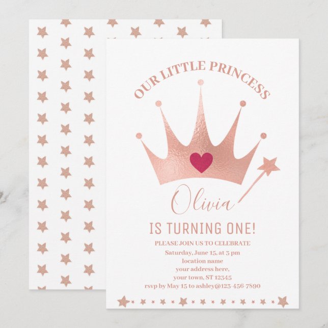Convites Coroa de Princesa com Purpurina Rosa Aquarela Aniv (Frente/Verso)