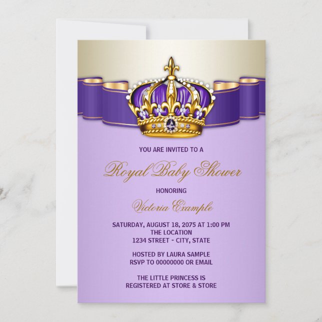 Convites Coroa de Princesa de Ouro Roxo Baby Shower (Frente)