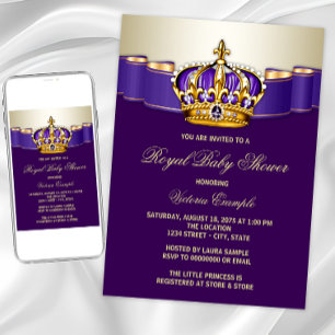 Convites Coroa de Princesa de Ouro Roxo Baby Shower