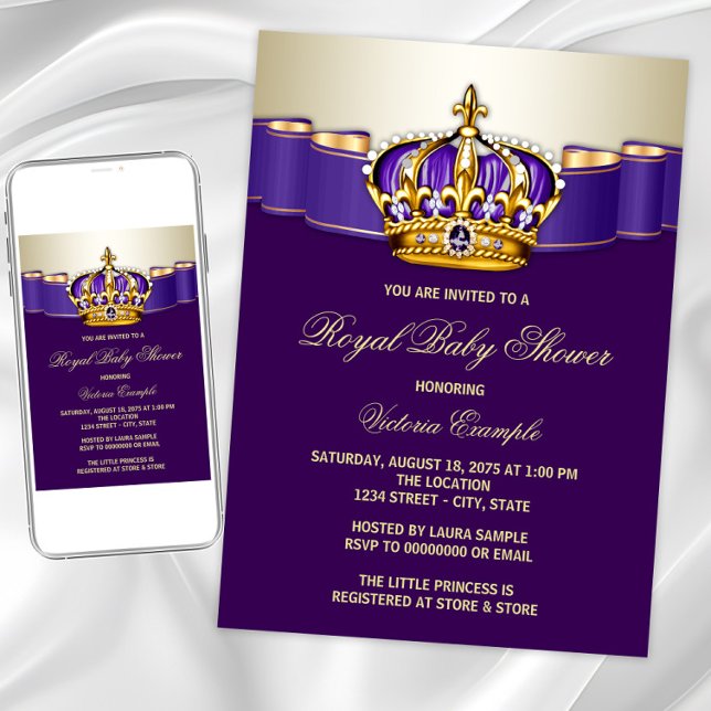 Convites Coroa de Princesa de Ouro Roxo Baby Shower (Purple gold princess any event invitation. Instant download and printed invitations available.)