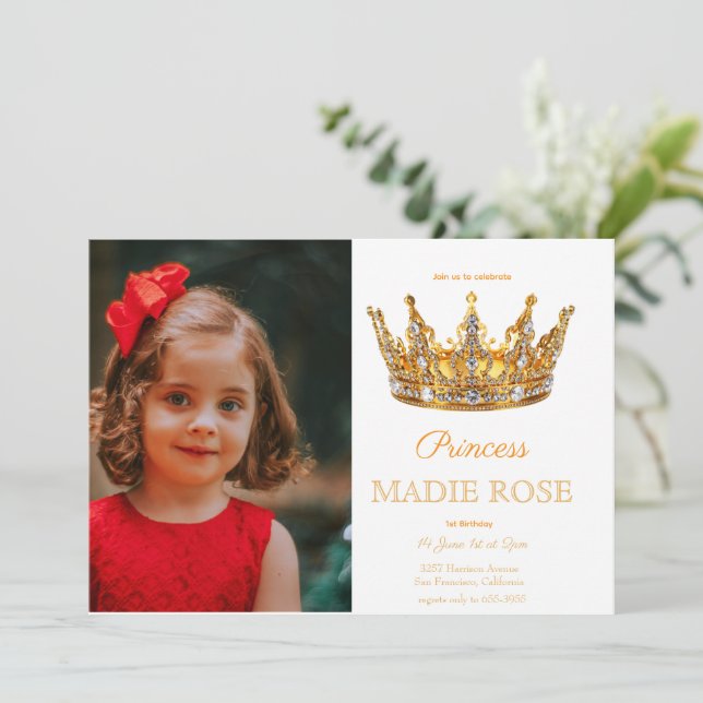 Convites Coroa de Princesa Dourada de Conto de Fadas Aniver (Em pé/Frente)