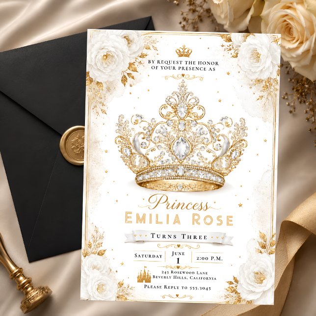 Convites Coroa de Princesa em Ouro Branco 3º Aniversário (Criador carregado)