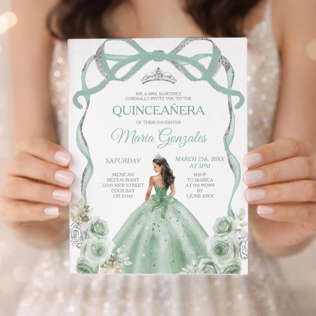 Convites Coroa de Princesa em Verde Salvia Prata Quinceañer (Criador carregado)