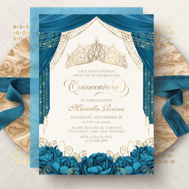 Convites Coroa de Princesa Floral Teal Quinceanera (Criador carregado)