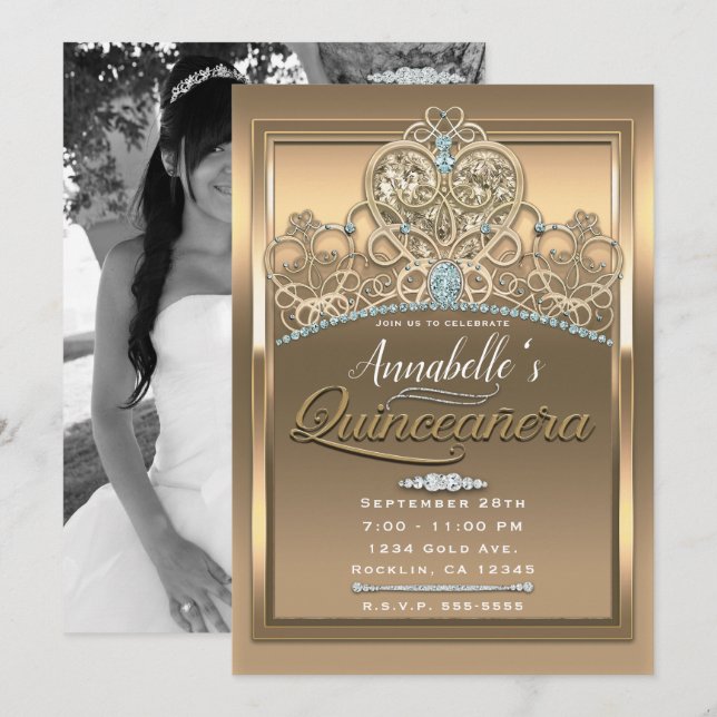 Convites Coroa de Princesa Glamour Dourada Coração Quinceañ (Frente/Verso)