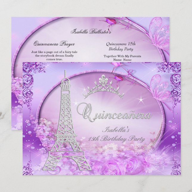 Convites Coroa de Princesa Mágica Quinze Anos Roxa Rosa (Frente/Verso)