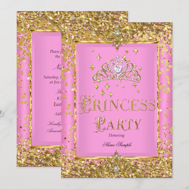 Convites Coroa de Princesa para Festa de Aniversário Rosa D (Frente/Verso)