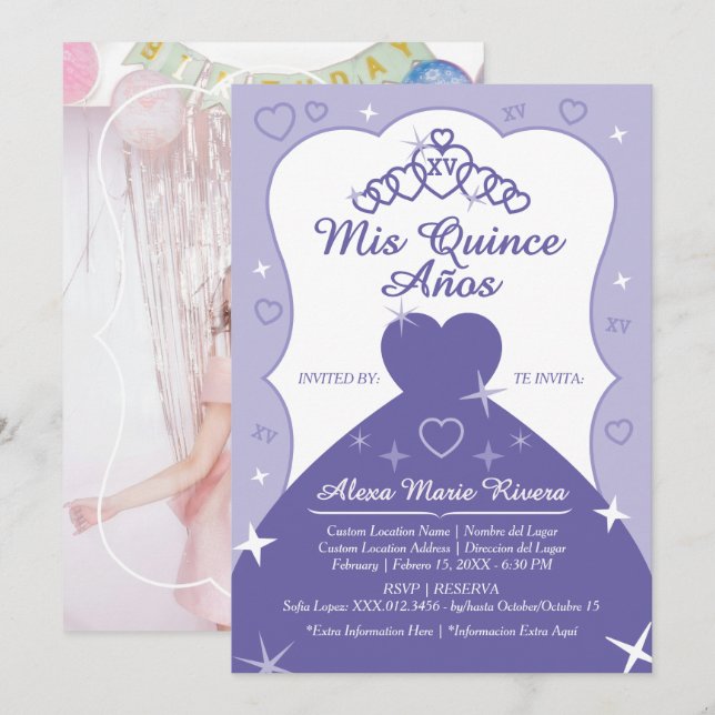 Convites Coroa de Princesa Quinceanera Brilho Foto (Frente/Verso)