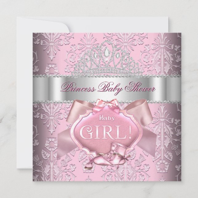 Convites Coroa de Princesa Rosa Damask para Chás de Bebê Me (Frente)