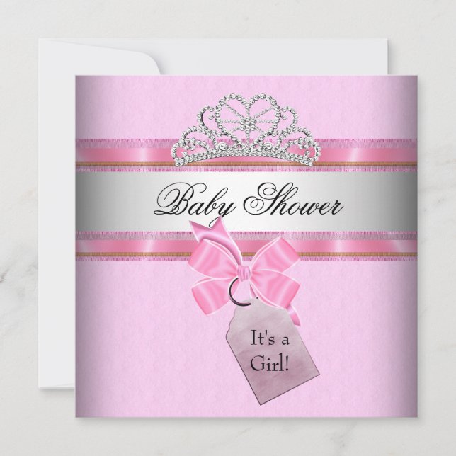 Convites Coroa de Princesa Rosa e Branco para Chás de Bebê  (Frente)