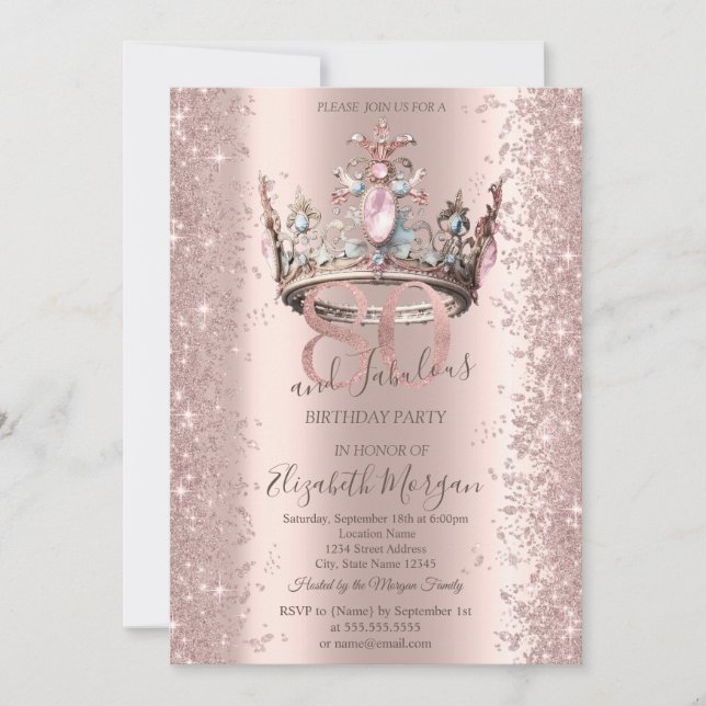 Convites Coroa de Princesa Rosê Dourado Brilho Diamantes 80 (Frente)