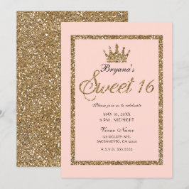 Convites Coroa de Princesa Sweet 16 com Purpurina Dourada B