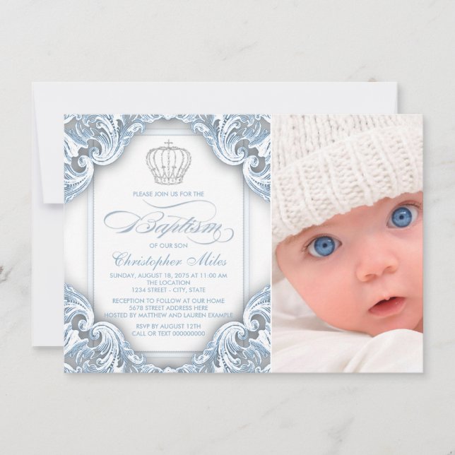 Convites Coroa de Príncipe Baby Blue Batismo (Frente)