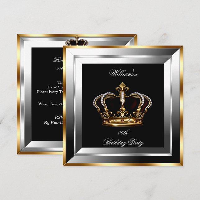 Convites Coroa de Príncipe Rei Preto Prateado Dourado para  (Frente/Verso)