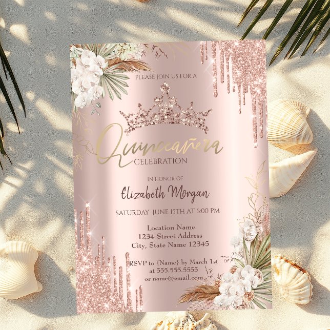Convites Coroa de Purpurina Dourado Rosa Pampas Quinceañera (Criador carregado)