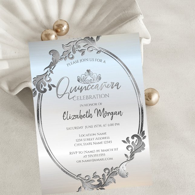 Convites Coroa de Quinceañera Chic em Prata (Criador carregado)