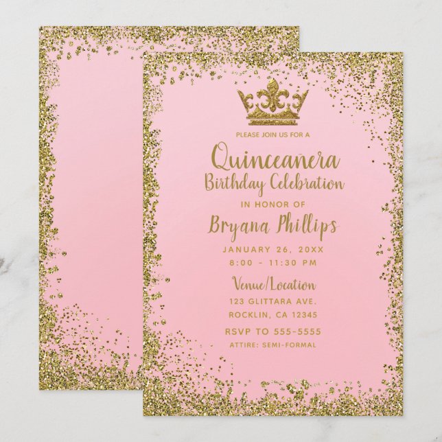 Convites Coroa de Quinze Anos Rosa e Dourado com Brilho (Frente/Verso)