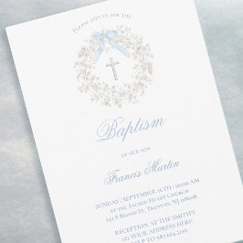 Convites coroa de respiração do bebé com laço azul pastel B