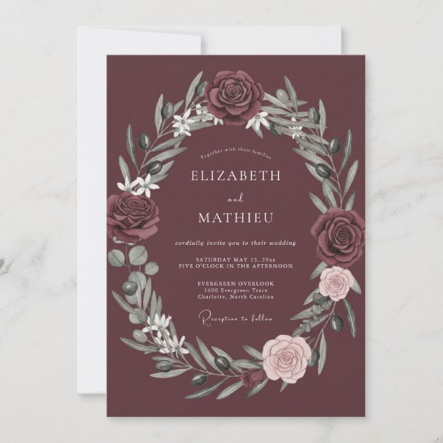 Convites Coroa de Romance Casamento Flor Burgundy (Frente)