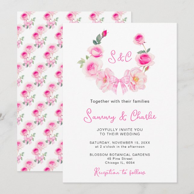 Convites Coroa de Rosa Rosa Coquette Arco Casamento (Frente/Verso)