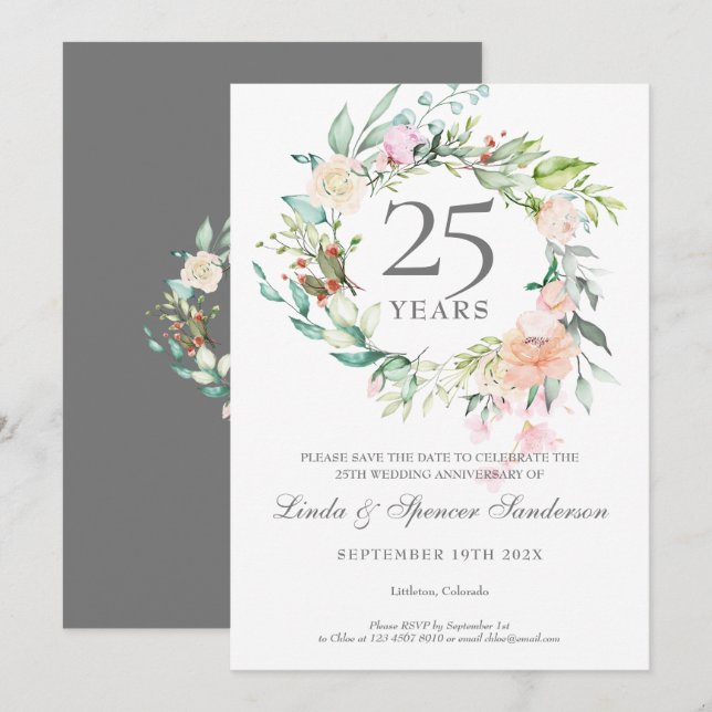 Convites Coroa de Rosas Aniversário de 25 Anos Salve a Data (Frente/Verso)