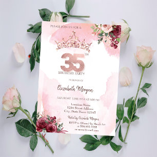 Convites Coroa de Rosas com Purpurina Dourado Rosa para Ani