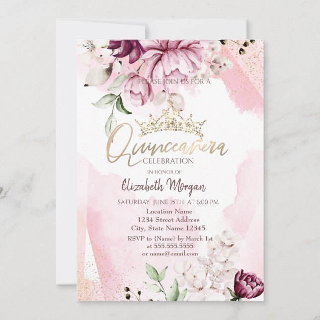 Convites Coroa de Rosas Violeta Chic para Quinceañera (Frente)